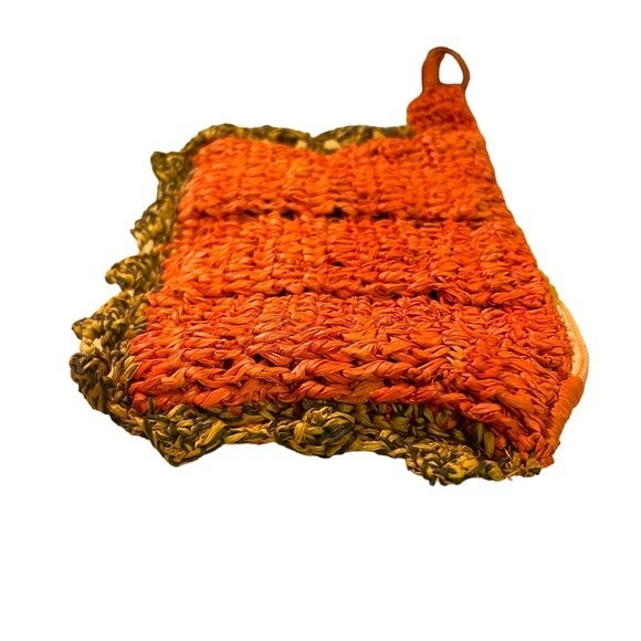 Jamin Puech Paris Hand Crocheted Raffia Straw Orange Zipper Pouch Bag Wallet - Picture 7 of 12
